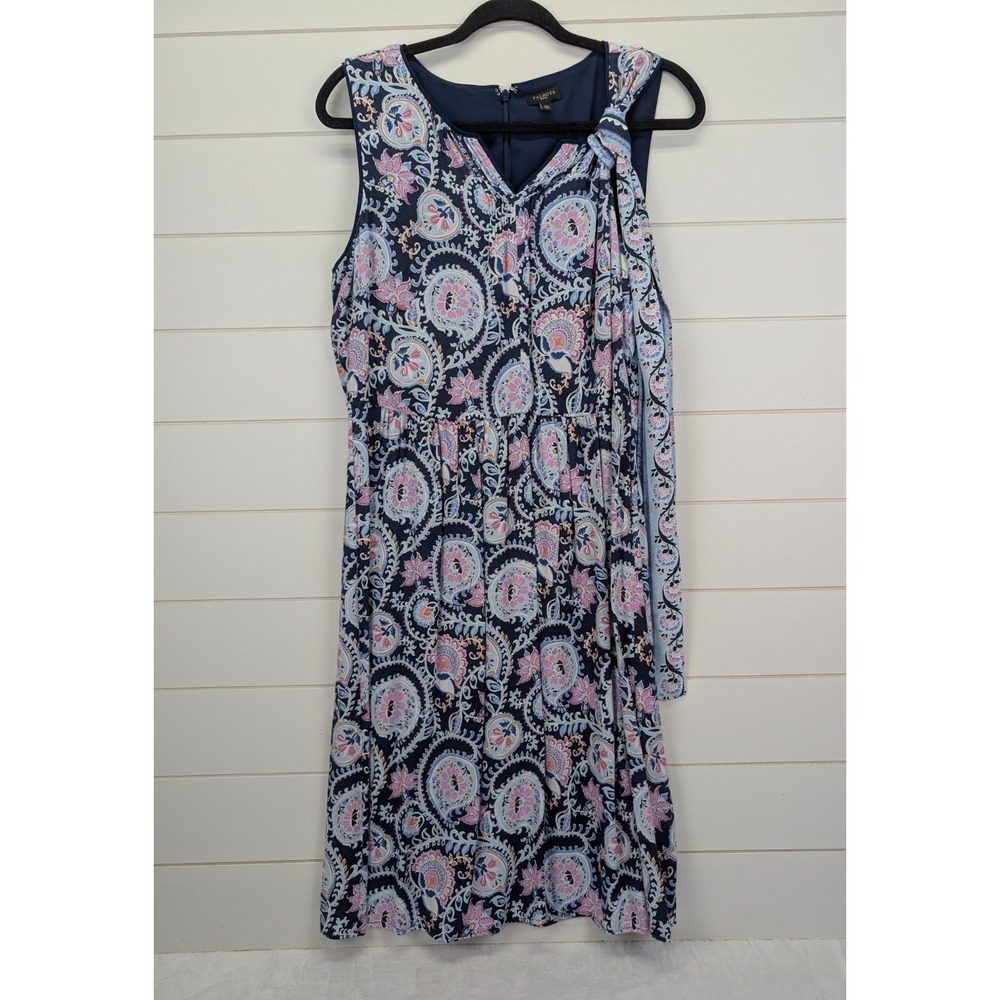 Talbots Paisley Midi Dress Size 12 Petite Navy Pink Belt Flowy Church Shower